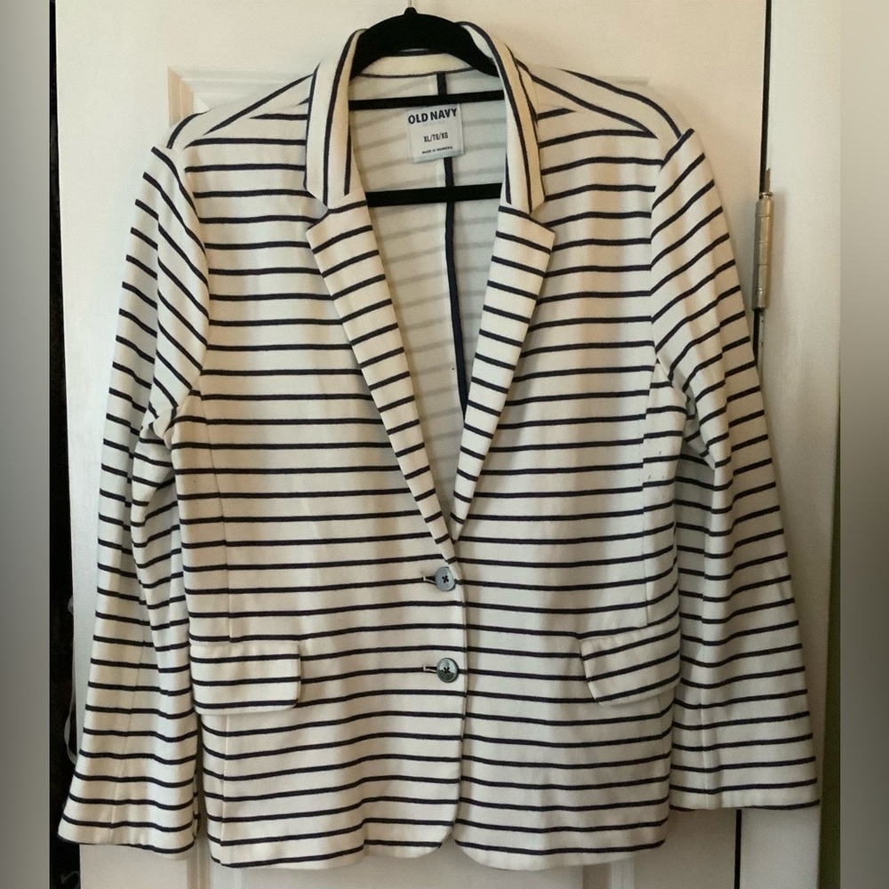 Navy and white striped blazer